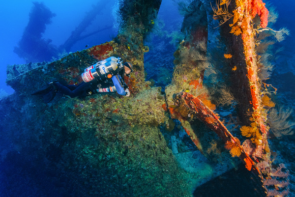 Diver on Lara wreck, Tiran